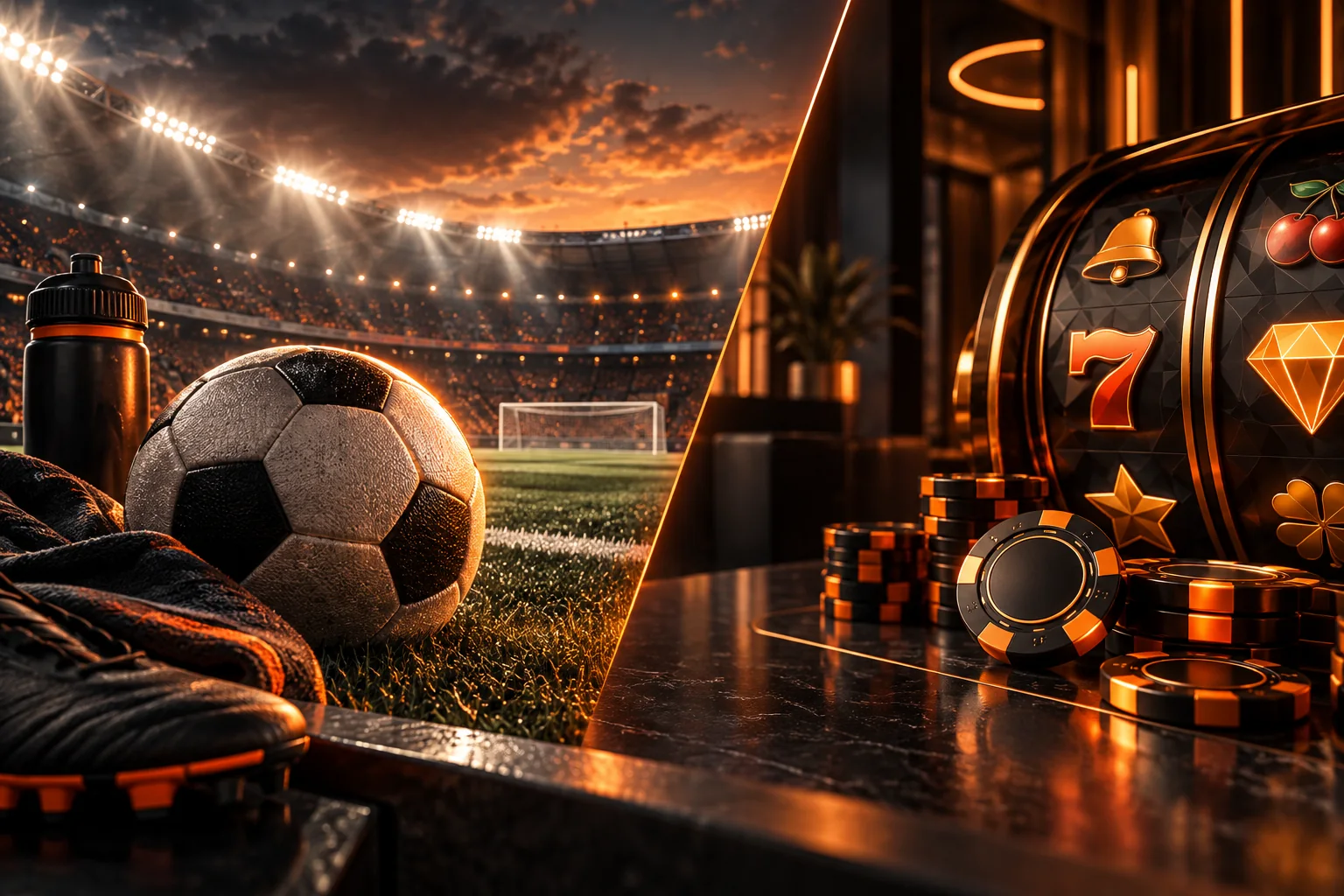 Geteilte Szene aus Fußballstadion und abstrakter Slot-Umgebung in Orange und Schwarz